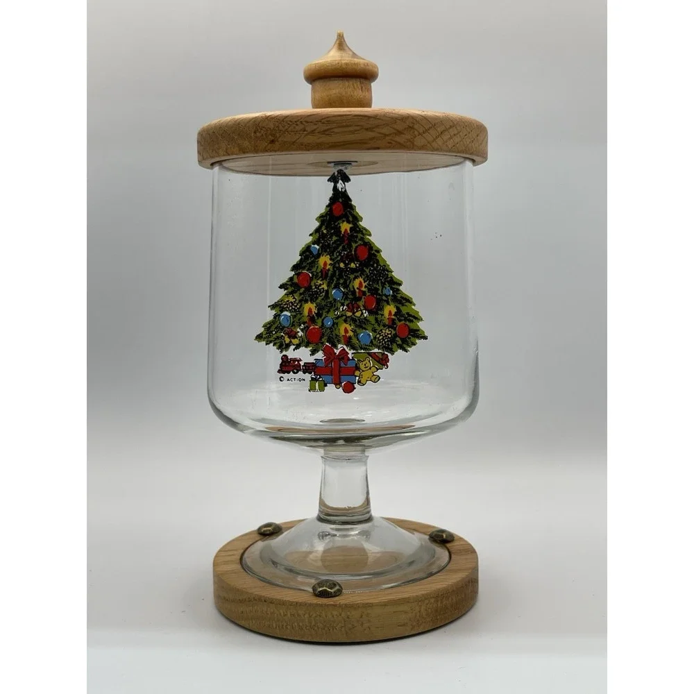 Christmas‎ Tree Glass Pedestal Jar Wood Lid Base Holiday Cookie Canister